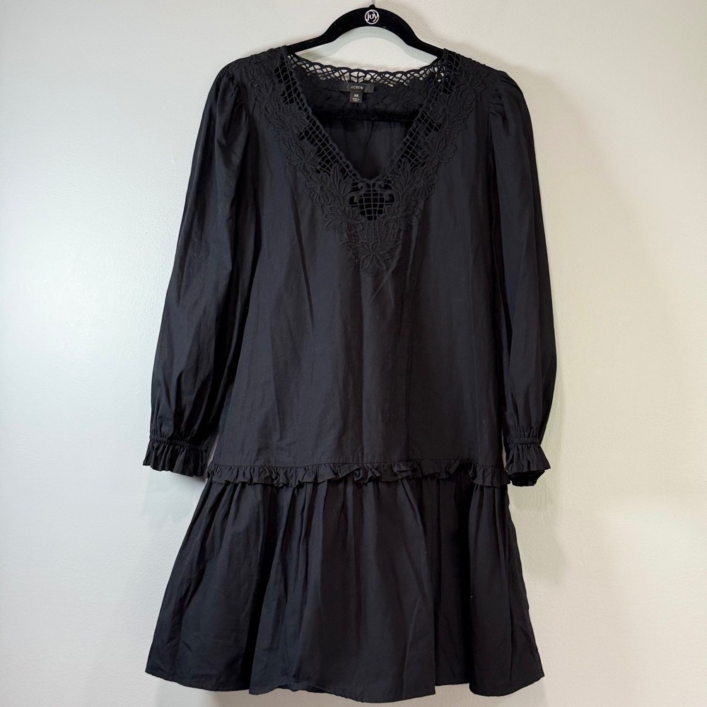 J.Crew Black Cotton Poplin Crochet Lace V-Neck Ruffle Mini Dress XS